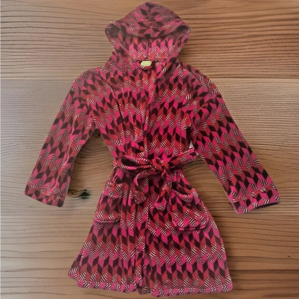 VERA BRADLEY Robe Small/Medium Red Pink Geo Print Short Plush Hooded Pockets EUC